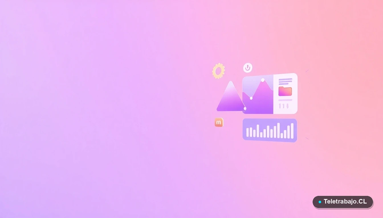 Ilustración abstracta de interfaz de usuario con gráficos flotantes y un engranaje, sobre un fondo degradado lila, representando habilidades tecnológicas y aprendizaje.