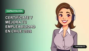 Ilustración vectorial plana de una trabajadora de servicios de limpieza sonriente, con fondo degradado verde y azul, para curso de certificación SENCE en Chile.