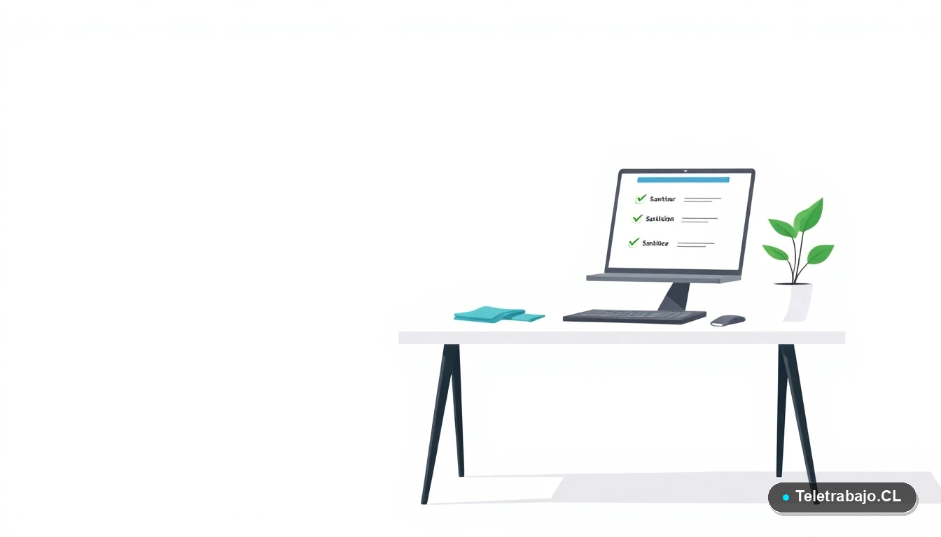 Escritorio moderno con laptop y elementos de limpieza profesional, ilustración plana para curso de sanitización, fondo degradado mint.