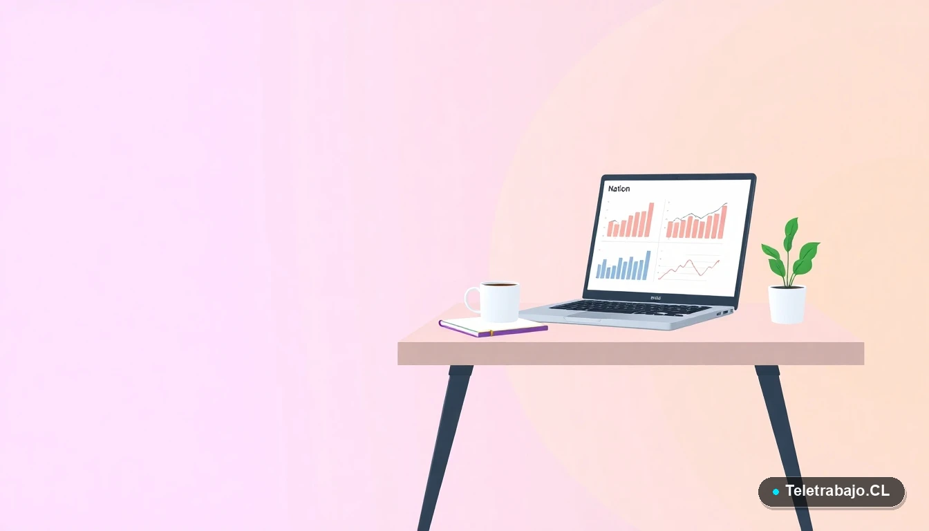 Escritorio moderno minimalista con laptop, gráficos abstractos, una taza de café y una planta, sobre un fondo degradado lila y durazno. Concepto de aprendizaje y desarrollo de habilidades.