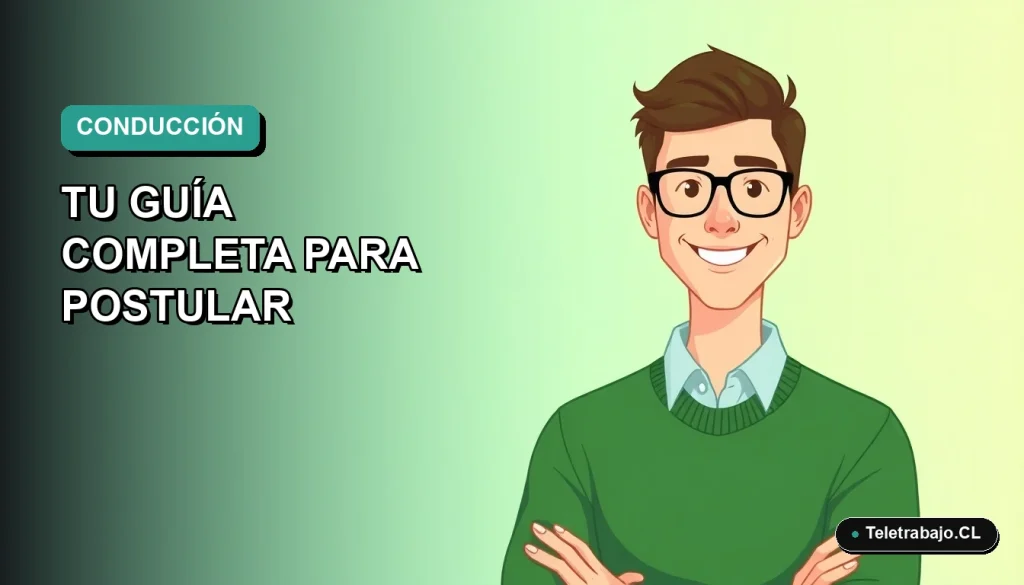 Ilustración plana vectorial de un hombre joven con suéter verde, sonriendo, sobre fondo degradado azul verdoso. Representa a un postulante al curso SENCE de licencia de conducir clase B.