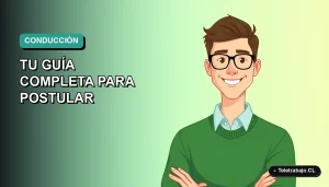 Ilustración plana vectorial de un hombre joven con suéter verde, sonriendo, sobre fondo degradado azul verdoso. Representa a un postulante al curso SENCE de licencia de conducir clase B.
