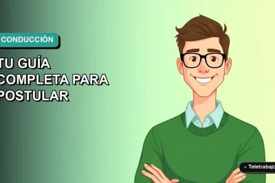 Ilustración plana vectorial de un hombre joven con suéter verde, sonriendo, sobre fondo degradado azul verdoso. Representa a un postulante al curso SENCE de licencia de conducir clase B.