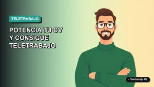 Ilustración vectorial plana de un hombre profesional con suéter verde trabajando de forma remota en su laptop, sobre un fondo degradado azul verdoso. Curso gratuito de diseño gráfico SENCE 2026.