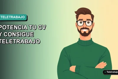 Ilustración vectorial plana de un hombre profesional con suéter verde trabajando de forma remota en su laptop, sobre un fondo degradado azul verdoso. Curso gratuito de diseño gráfico SENCE 2026.