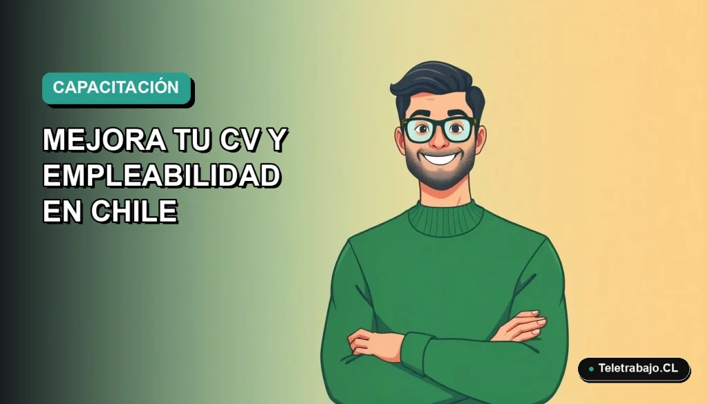 Ilustración vectorial plana de un trabajador remoto sonriente, fondo degradado azul verdoso, representando un curso gratuito de nutrición para mejorar el empleo en Chile.