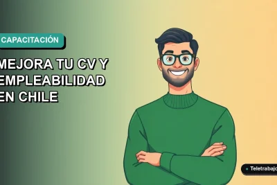 Ilustración vectorial plana de un trabajador remoto sonriente, fondo degradado azul verdoso, representando un curso gratuito de nutrición para mejorar el empleo en Chile.
