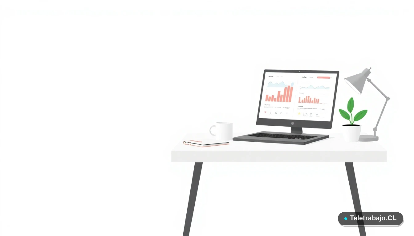 Escritorio moderno minimalista con laptop, gráficos abstractos, taza y planta, fondo degradado menta, representando habilidades digitales y aprendizaje profesional.