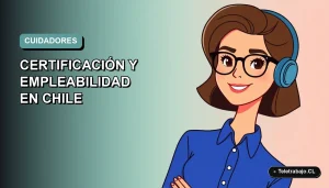 Ilustración plana vectorial de una mujer profesional con blusa azul y lentes, sonriendo, sobre un fondo degradado suave. Representa el curso gratuito de capacitación SENCE para cuidadores de personas con Alzheimer en Chile.