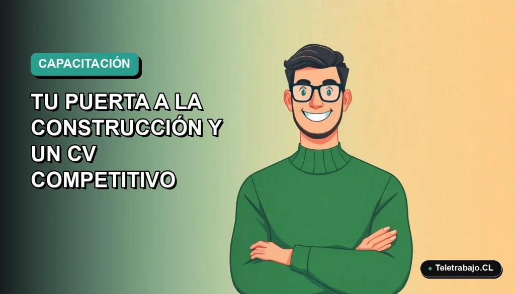 Ilustración plana de un trabajador masculino de oficina moderna sonriendo, con fondo degradado verde azulado, representando oportunidades de capacitación laboral en Chile.
