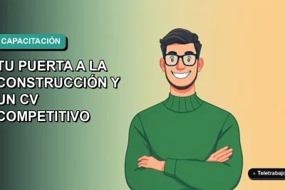 Ilustración plana de un trabajador masculino de oficina moderna sonriendo, con fondo degradado verde azulado, representando oportunidades de capacitación laboral en Chile.
