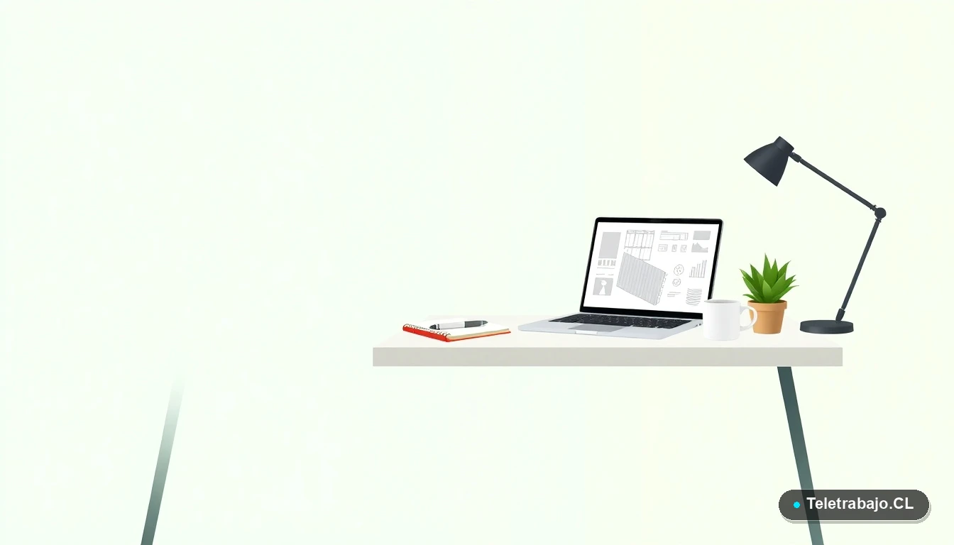 Escritorio moderno minimalista con laptop, planos de construcción, una taza de café y una planta, sobre un fondo degradado verde menta, simbolizando estudio y preparación profesional.