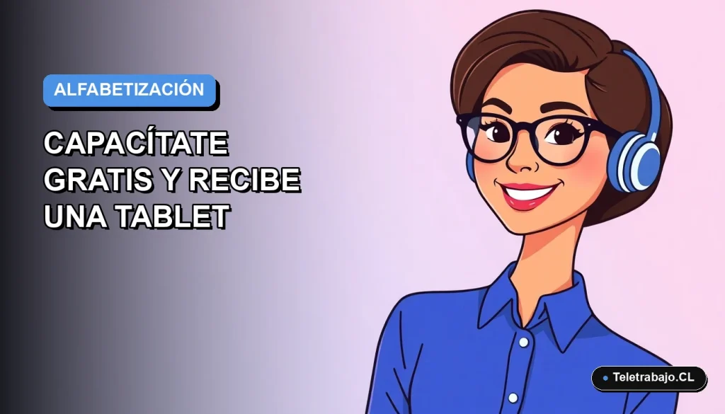 Ilustración vectorial plana de una mujer profesional con blusa azul y lentes, sonriendo, sobre un fondo degradado azul y lila. Curso SENCE de alfabetización digital 2026.