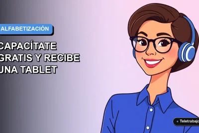 Ilustración vectorial plana de una mujer profesional con blusa azul y lentes, sonriendo, sobre un fondo degradado azul y lila. Curso SENCE de alfabetización digital 2026.