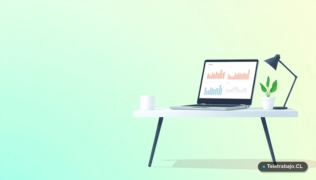 Escritorio moderno minimalista con laptop, taza de café y planta suculenta, en estilo ilustración vectorial plana. Representa el espacio de aprendizaje digital para el curso SENCE.