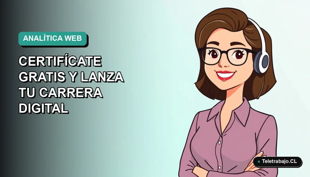 Ilustración plana de mujer profesional de tecnología trabajando de forma remota, sonriendo, con fondo de gradiente suave azul verdoso. Curso SENCE de Analítica Web 2026.