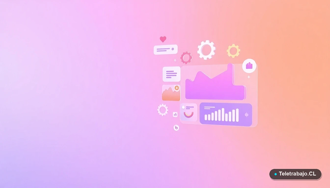 Composición abstracta de interfaz de usuario tecnológica con gráficos flotantes, engranajes y carpetas. Concepto visual para curso de analítica web.