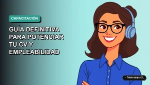 Ilustración plana vectorial de una mujer profesional con blusa azul y lentes, sonriendo, sobre un fondo degradado verde azulado. Representa el curso SENCE de francés para mejorar el CV.