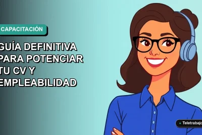 Ilustración plana vectorial de una mujer profesional con blusa azul y lentes, sonriendo, sobre un fondo degradado verde azulado. Representa el curso SENCE de francés para mejorar el CV.