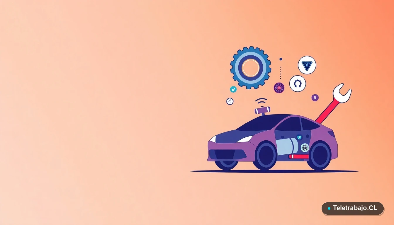 Ilustración vectorial abstracta de elementos de mecánica y tecnología: diagrama de motor, engranaje y llave inglesa estilizados. Fondo con degradado suave de color melocotón a lila. Representación visual de habilidades técnicas.