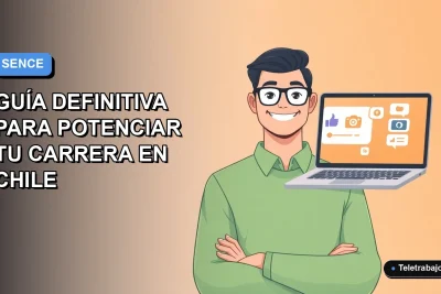 Ilustración vectorial plana de un trabajador remoto chileno sonriendo, junto a un computador portátil con iconos de redes sociales, sobre un fondo degradado azul y blanco. Curso SENCE 2026.