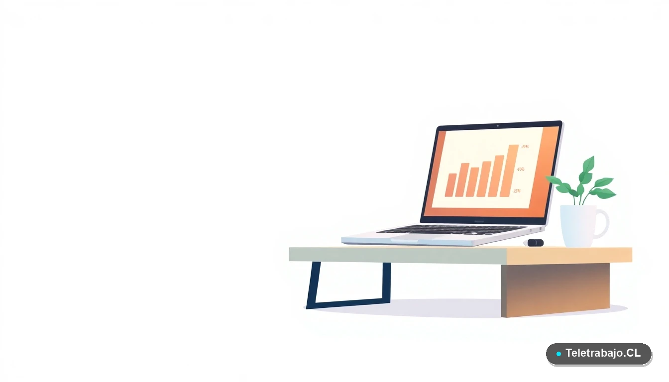 Escritorio moderno minimalista con laptop, gráficos de crecimiento, una planta y una taza de café. Representación abstracta del éxito laboral y la productividad digital.