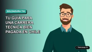 Ilustración vectorial plana de un trabajador técnico especializado en soldadura TIG, con fondo degradado moderno en tonos azul verdoso. Espacio negativo a la izquierda.