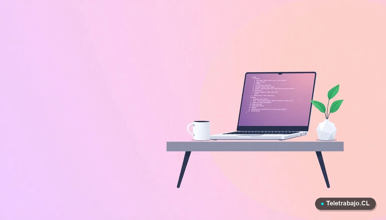 Ilustración de un escritorio moderno y minimalista con laptop, taza de café y planta. Representa el entorno de aprendizaje y trabajo remoto. Fondo con gradiente abstracto de lavanda y durazno.