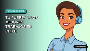Ilustración vectorial plana de una mujer profesional chilena sonriente, con blusa azul, mirando confiada hacia el futuro laboral. Fondo con gradiente suave de color verde azulado.
