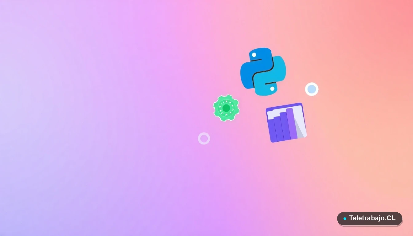 Ilustración abstracta de interfaz tecnológica con iconos flotantes minimalistas de Python, engranajes y gráficos, sobre un fondo con gradiente lavanda y durazno.