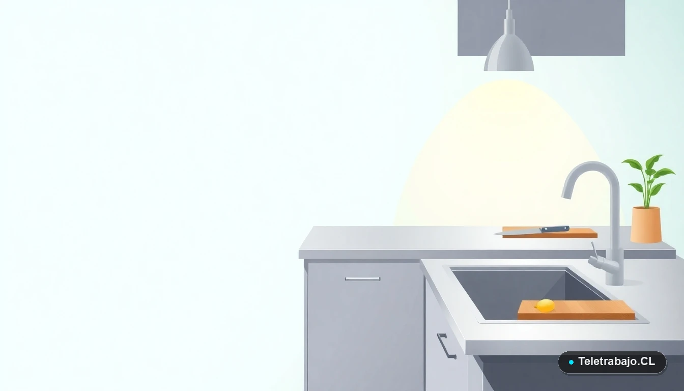 Estación de trabajo de cocina profesional vacía, con cuchillo de chef, tabla de cortar y limón, en estilo de ilustración vectorial plana sobre fondo degradado vacío.