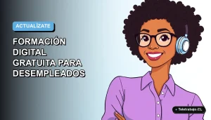 Ilustración vectorial plana de una trabajadora digital sonriente, con fondo degradado azul, para cursos de formación gratuita para desempleados.