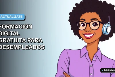 Ilustración vectorial plana de una trabajadora digital sonriente, con fondo degradado azul, para cursos de formación gratuita para desempleados.