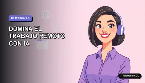 Ilustración plana de mujer profesional remota sonriente, con blusa lavanda y corte bob, junto a elementos abstractos de IA y datos, sobre fondo degradado violeta suave. Espacio negativo a la izquierda.