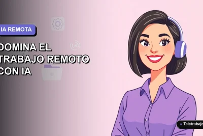 Ilustración plana de mujer profesional remota sonriente, con blusa lavanda y corte bob, junto a elementos abstractos de IA y datos, sobre fondo degradado violeta suave. Espacio negativo a la izquierda.
