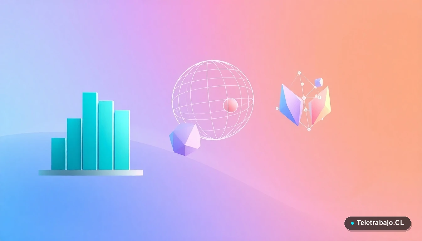 Composición abstracta de elementos de tecnología e Inteligencia Artificial: gráficos flotantes, globo de conexiones y formas geométricas cristalinas, sobre fondo degradado frío de menta y gris. Estilo ilustración vectorial plana moderna.