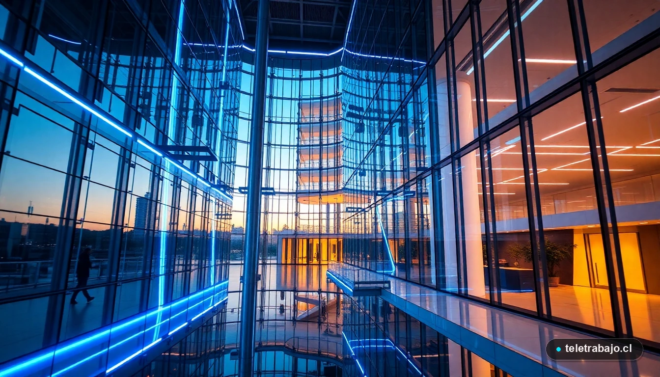 Arquitectura moderna de oficinas corporativas con iluminación futurista azul y naranja