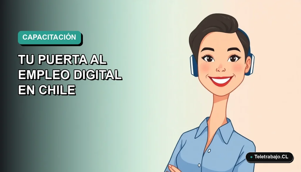 Ilustración vectorial plana de una mujer profesional chilena sonriente, con blusa azul y pelo corto, sobre un fondo degradado suave de color verde azulado. Representa oportunidades de capacitación digital.