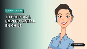 Ilustración vectorial plana de una mujer profesional chilena sonriente, con blusa azul y pelo corto, sobre un fondo degradado suave de color verde azulado. Representa oportunidades de capacitación digital.