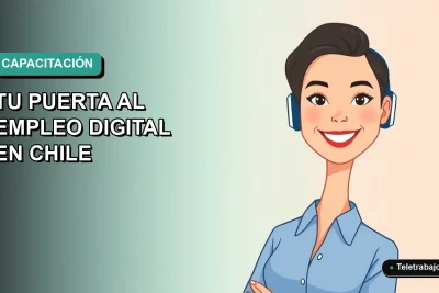 Ilustración vectorial plana de una mujer profesional chilena sonriente, con blusa azul y pelo corto, sobre un fondo degradado suave de color verde azulado. Representa oportunidades de capacitación digital.