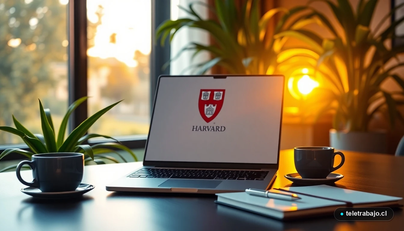 Escritorio moderno en una oficina en casa con portátil abierto mostrando el emblema de Harvard, taza de café y plantas, iluminado por la luz cálida del atardecer, simbolizando el acceso a la educación de élite.