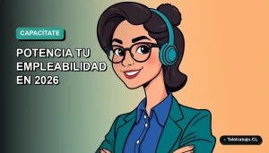Ilustración plana vectorial de una mujer profesional con blusa azul y lentes, sonriendo, sobre fondo degradado verde azulado. Espacio negativo a la izquierda.