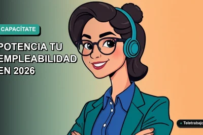 Ilustración plana vectorial de una mujer profesional con blusa azul y lentes, sonriendo, sobre fondo degradado verde azulado. Espacio negativo a la izquierda.