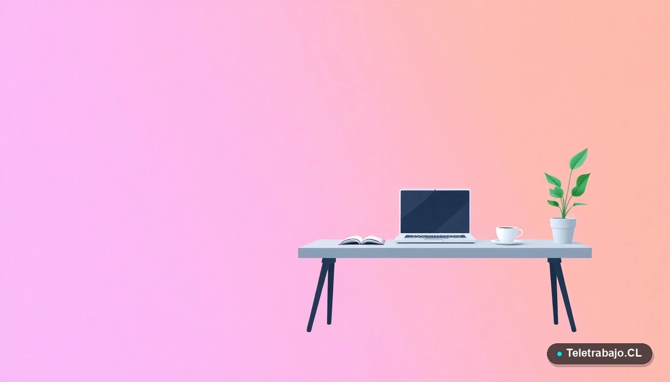 Ilustración vectorial de un escritorio moderno vacío con laptop, café y planta, sobre fondo degradado lila y durazno. Concepto de espacio de trabajo listo.