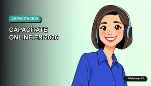 Ilustración plana vectorial de una trabajadora remota sonriente, con blusa azul y corte de pelo bob, sobre un fondo degradado suave de color verde menta. Espacio negativo a la izquierda.