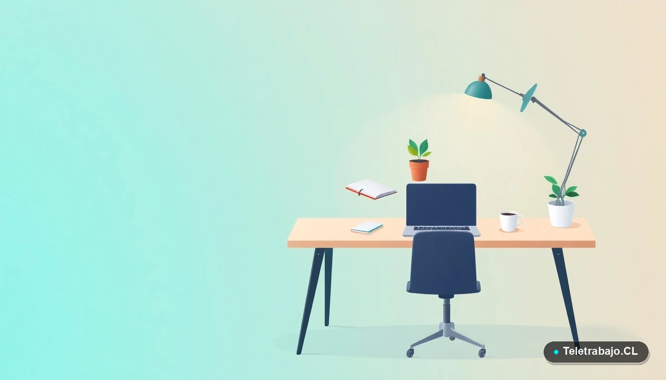 Ilustración vectorial de un escritorio moderno y minimalista con laptop, cuaderno, taza de café y una planta, sobre un fondo degradado azul verdoso. Concepto de espacio de trabajo y capacitación online.