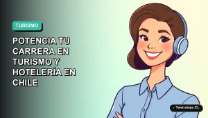 Ilustración vectorial plana de una mujer profesional de turismo, con blusa azul y sonrisa amable, sobre fondo degradado verde menta. Representa los cursos gratuitos de capacitación del SENCE.