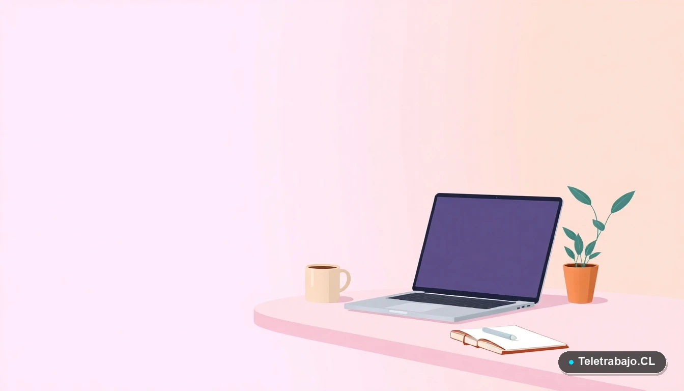 Escritorio moderno minimalista con laptop, cuaderno, taza de café y planta suculenta, en estilo de ilustración vectorial plana sobre fondo degradado lavanda y durazno. Representa el espacio de aprendizaje para los cursos SENCE.