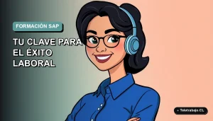 Ilustración plana vectorial de una mujer profesional de tecnología con blusa azul, sonriendo, sobre fondo degradado suave. Representa éxito laboral con certificaciones SAP.