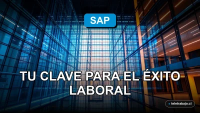 Fotografía de arquitectura corporativa moderna de vidrio y acero, iluminada con luces suaves azules y cálidas, representando la tecnología SAP.